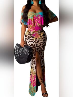 Off-Shoulder Leopard Print Maxi Dress with Pink Baroque Waistband